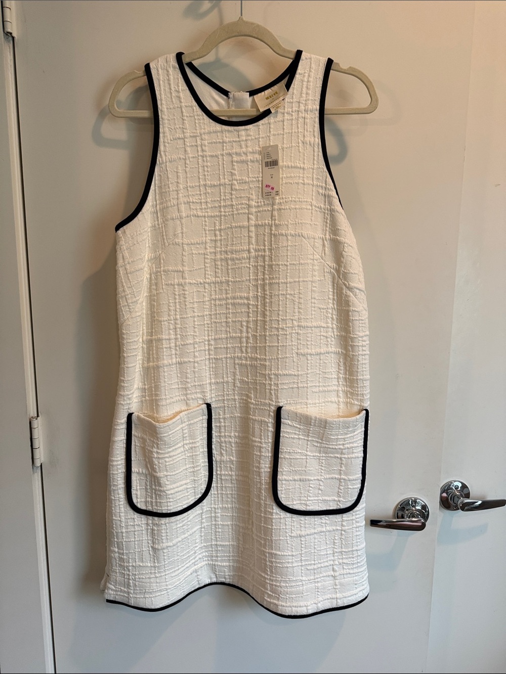Maeve White Textured Shift Dress with Black Trim